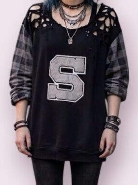 Furst Of A Kind Distressed Grunge Varsity Sweatshirt Letter S Flannel Sleeves L